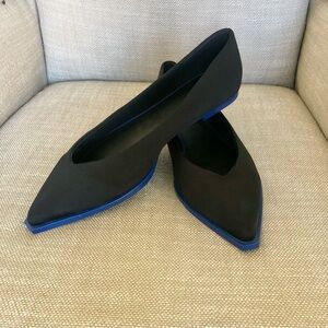 ASOS Flat Satin Pointed Toe Shoes With Electric Blue Boarder Around Sole.